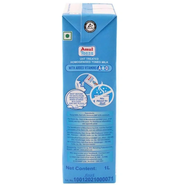 Amul Taaza Homogenised Toned Milk 1 L (Tetra Pak)