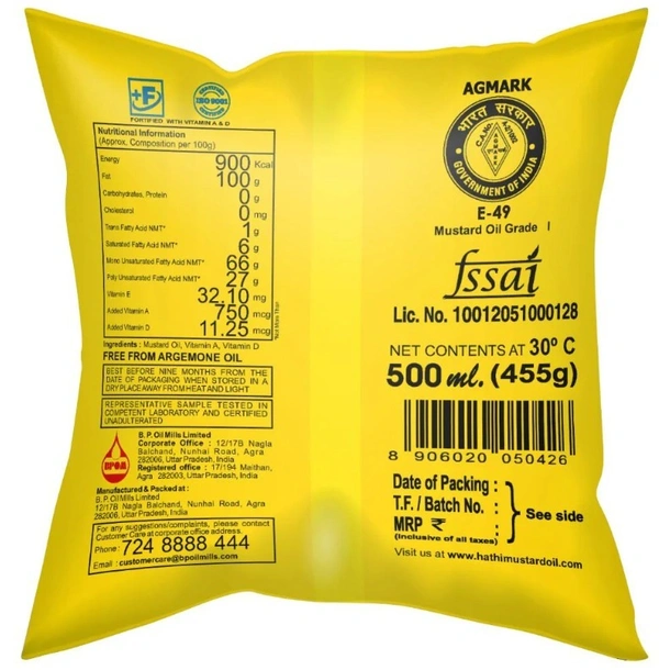 Hathi Kacchi Ghani Mustard Oil 500 ml (Pouch)