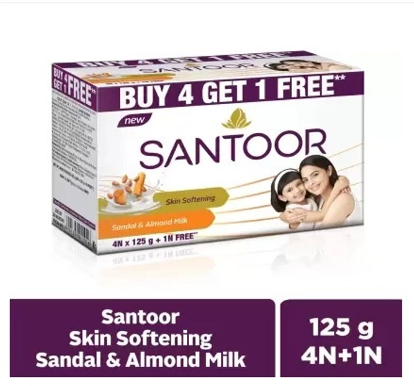 Santoor by Wipro Skin Softening Sandal & Almond Milk Bathing Bar Soap For Soft & Youthful Skin  (Combo Pack 4 + 1 Free, 125 g each)  (5 x 125 g)