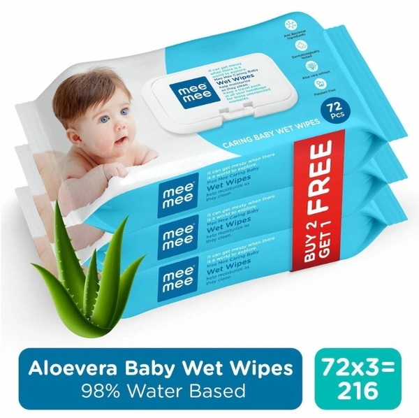 Mee Mee Aloe Vera Caring Baby Wet Wipes with lid 72 Pcs (Pack of 3)