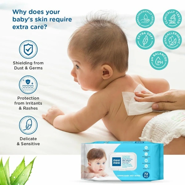 Mee Mee Aloe Vera Caring Baby Wet Wipes with lid 72 Pcs (Pack of 3)
