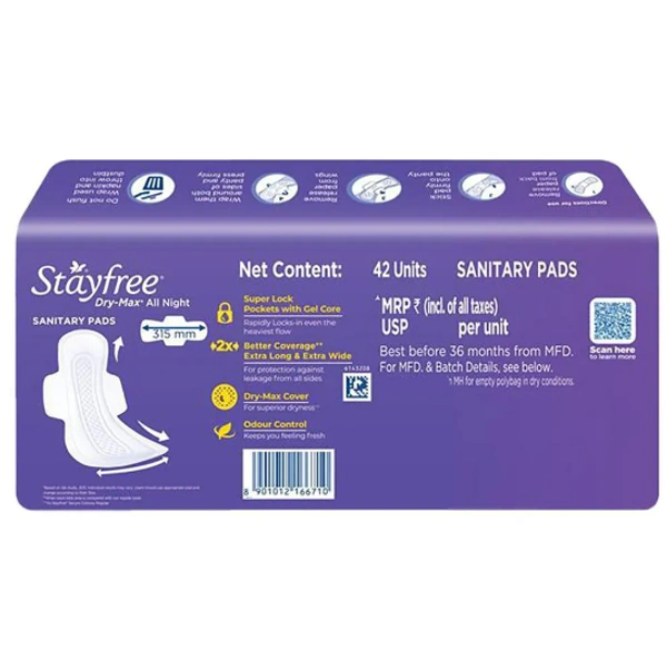 Stayfree All Night Ultra-Dry Max Sanitary Napkin (XXL) 42 pads