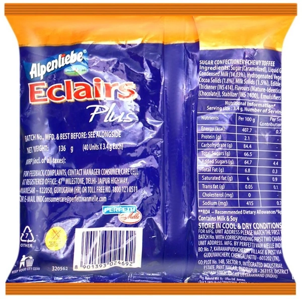 Alpenliebe Eclairs Plus Choco Caramel Chewy Toffee 136 g