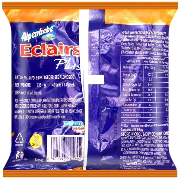Alpenliebe Eclairs Plus Choco Caramel Chewy Toffee 136 g