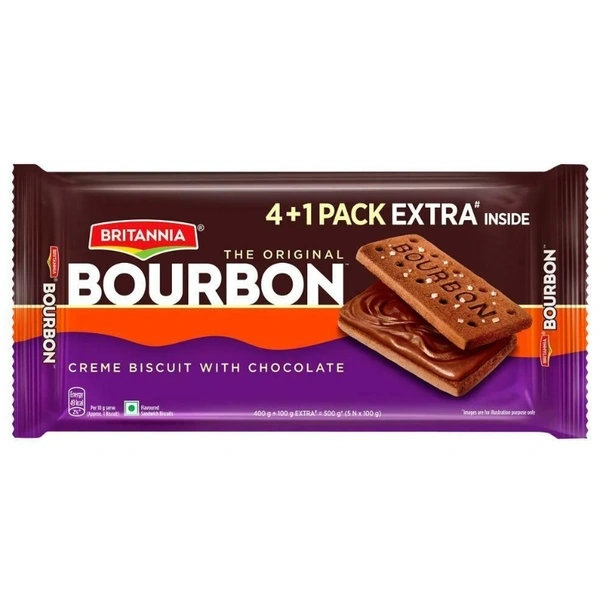 Britannia Bourbon Cream Biscuit With Chocolate 500 g (4 + 1 Pack Extra Inside)