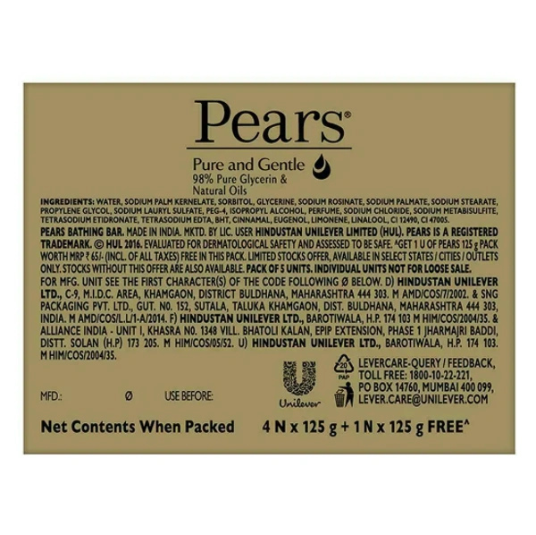 Pears Pure & Gentle Soap with Natural Oils 125 g (Buy 4 Get 1 Free)