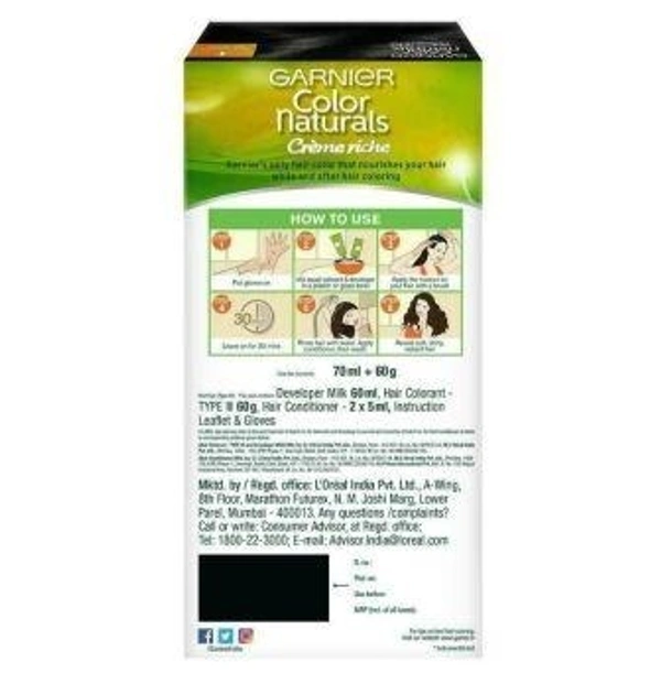 Garnier Color Naturals Creme Riche Hair Color, Natural Black (1) (70 ml + 60 g)