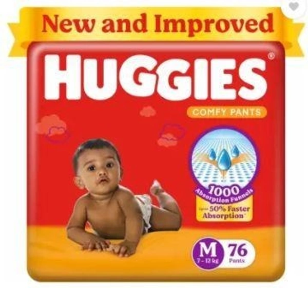 Huggies Comfy Baby Diaper Pants, Upto 50% Faster Absorption - M  (76 Pieces)