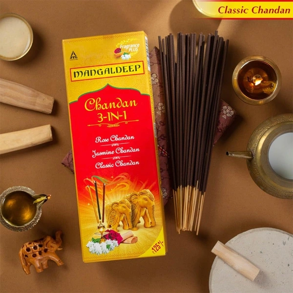 Mangaldeep 3in1 Agarbatti - Soothing Fragrances of Classic Chandan, Rose & Jasmine (226g)