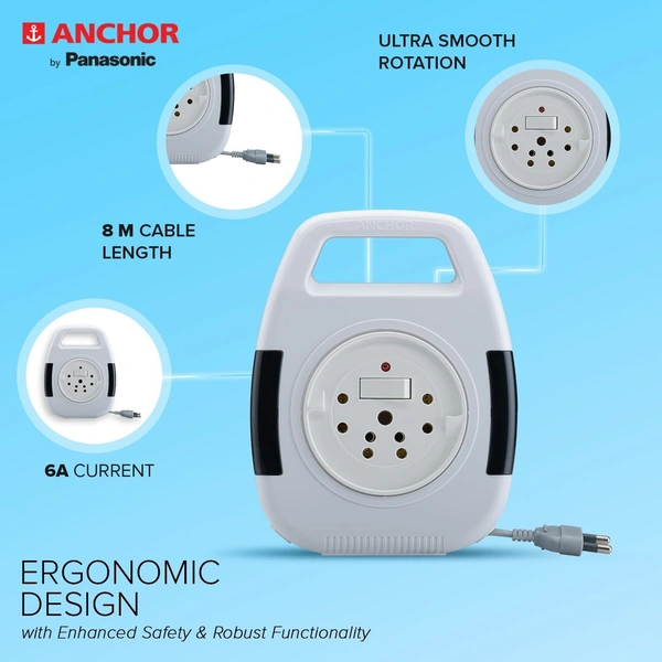 Anchor by Panasonic 6A 2 Pin Flex Box with Indicator & Handle | 8 Mtr Extension Flex Box for Home, Office