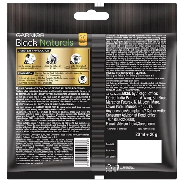 Garnier Black Naturals Ammonia Free Hair Colour, Original Black (20 g + 20 ml)