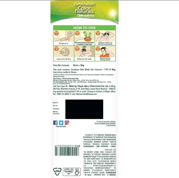 Garnier Color Naturals Creme Riche Ammonia Free Men Hair Color, Natural Black (1) (30 ml + 30 g )
