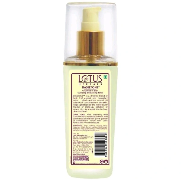 Lotus Herbals Basiltone Clarifying & Balancing Skin Toner | With Cucumber & Basil | For Combination & Oily Skin | 100ml