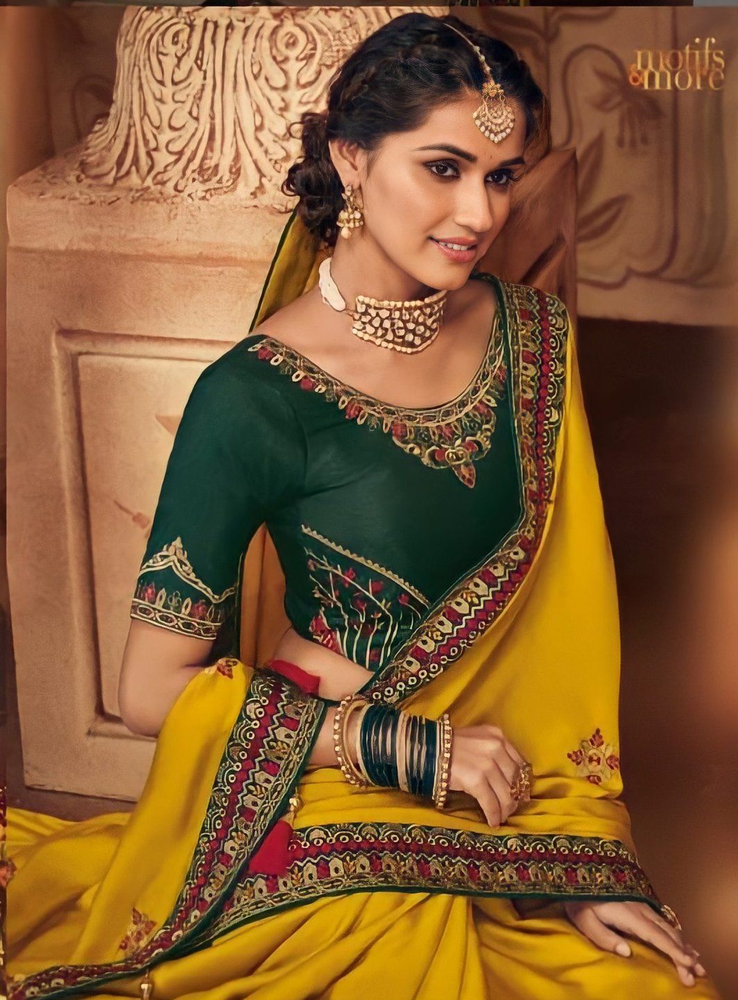 Attractive Yellow & Mehendi Silk Bandhani Handicraft Designer Fancy Saree  Online - RJ Fashion