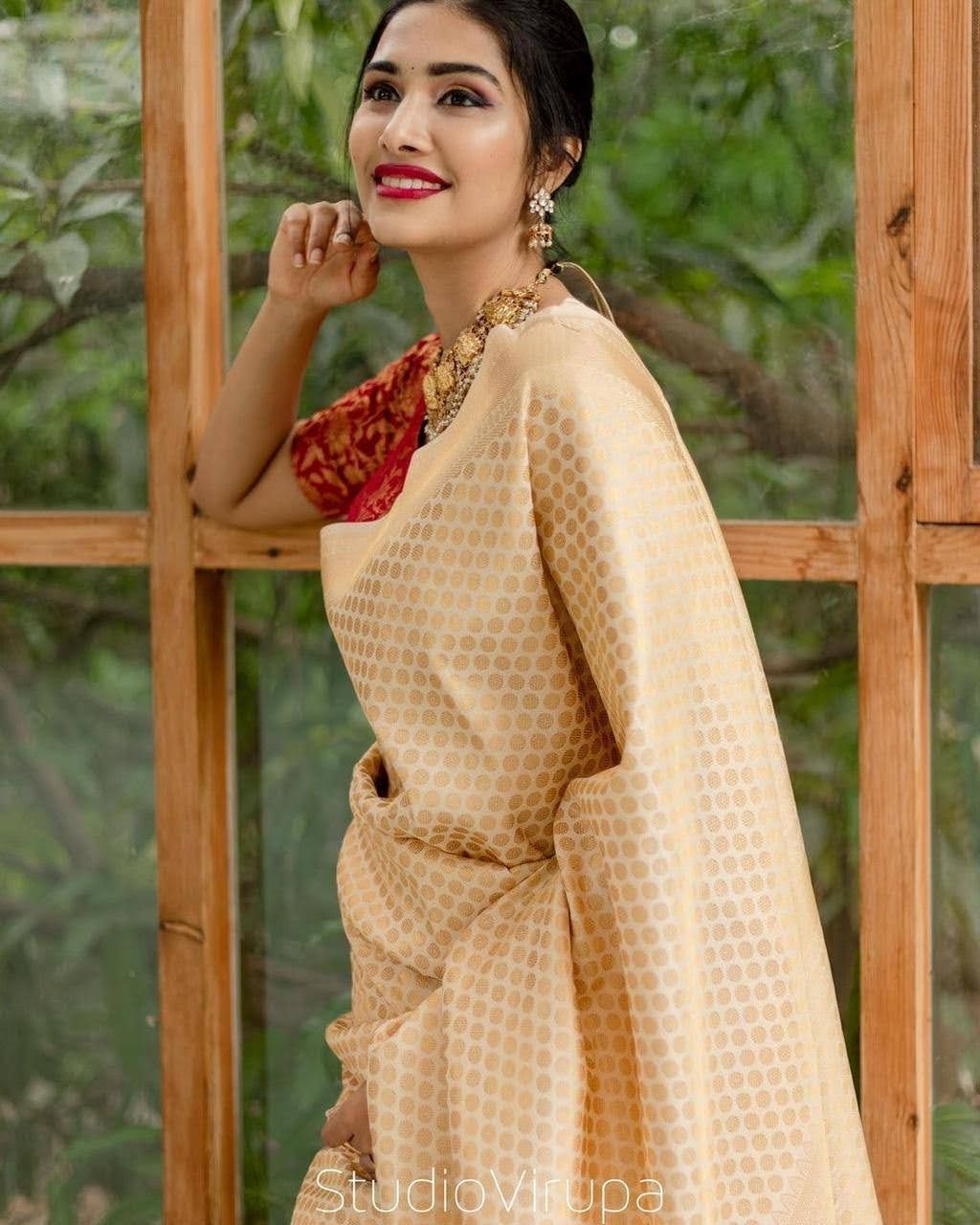 Buy RED SAREE Woven Handloom Cotton Silk Cream Sarees Online @ Best Price  In India | Flipkart.com