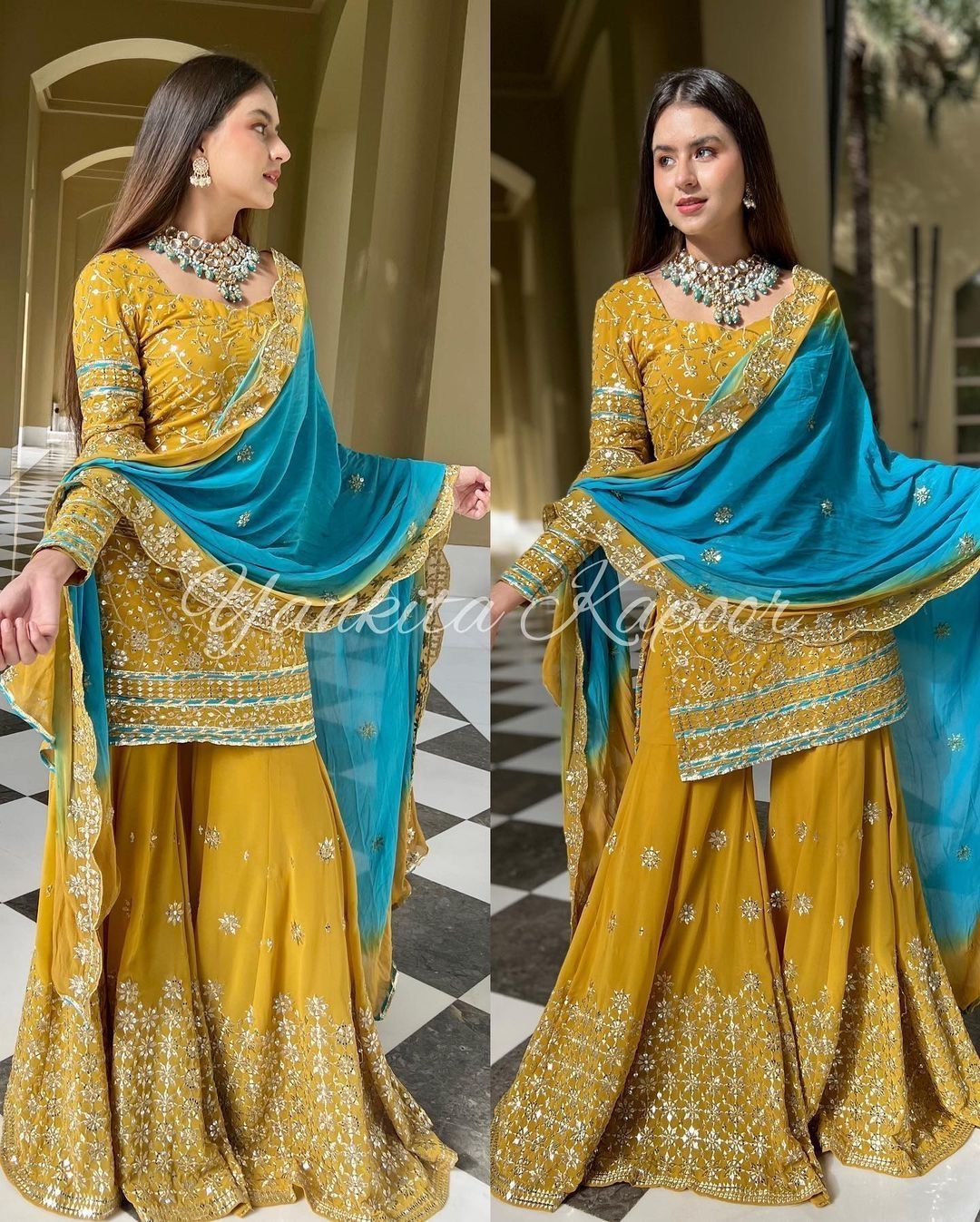 Mannat Boutique Beautiful Rayon Anarkali Gotapatti Sharara Suit with Malmal  Dupatta (Set of 3) (M) Multicolour : Amazon.in: Fashion