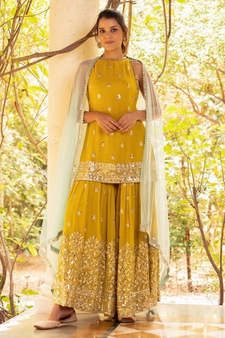 yellow color georgette satin sharara style suit – Joshindia