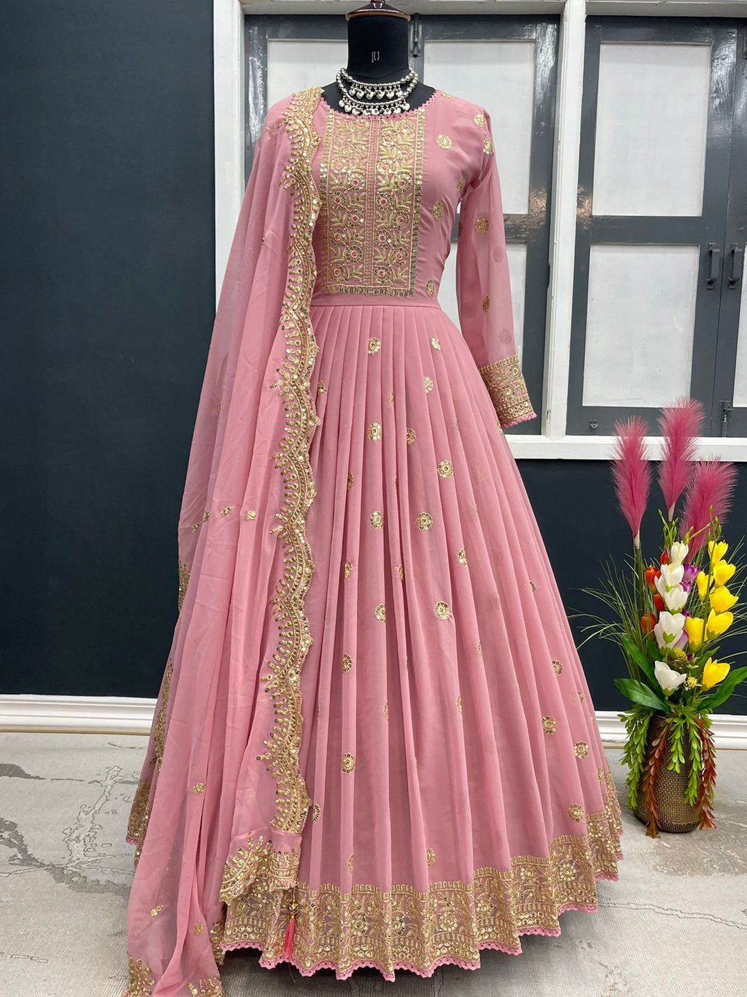 Party Wear Dark Pink Color Plain Long Gown With Dupatta - Cl