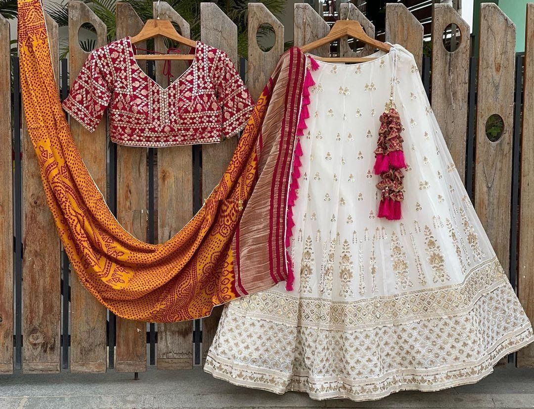 Bandhej Red White Lehenga – folkcultureclothing