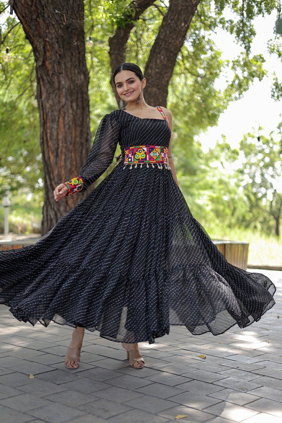 Leheriya Printed Full Flared Frock Style Gown With Beautiful Kutchi Patchwork