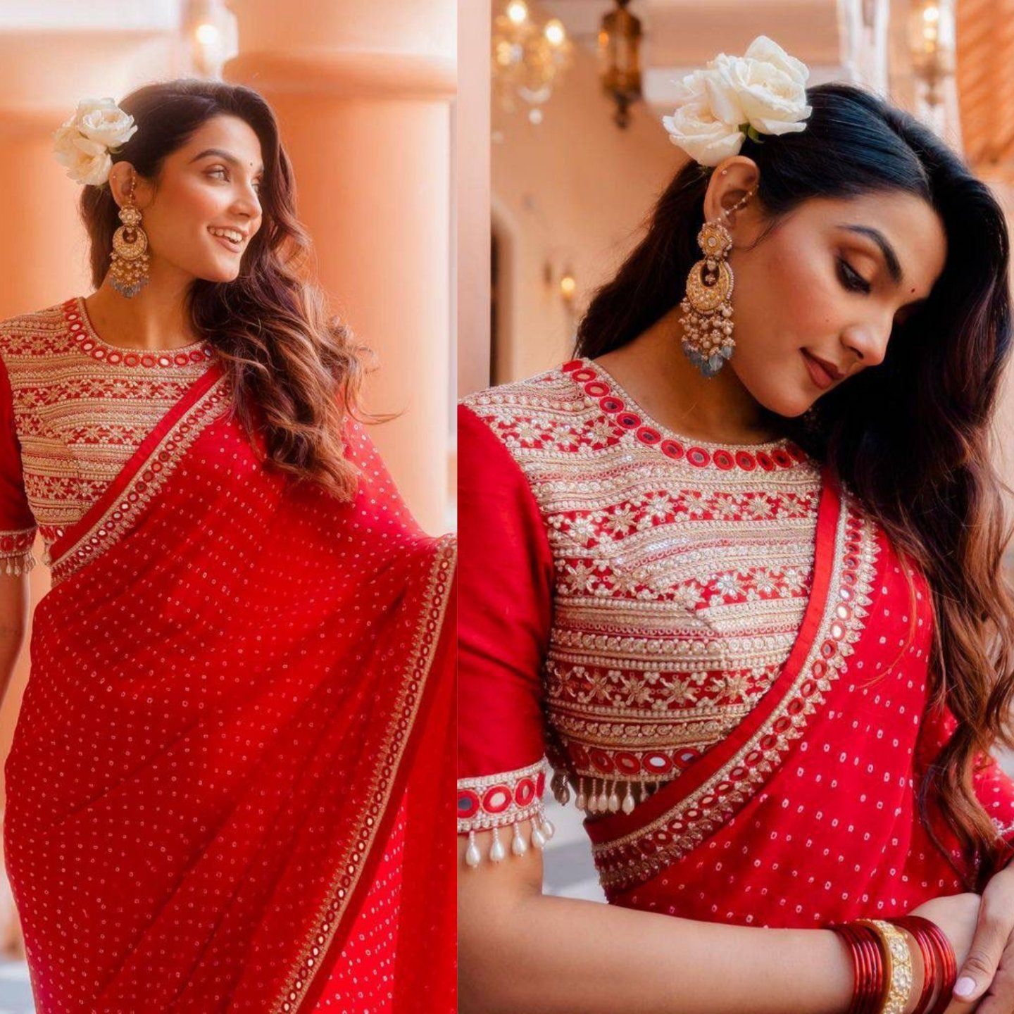 Gauri Kakodkar Designs - #GauriKakodarDesigns Red gharchola saree in pure  gergette,borders edged with pearl and tube work and Contrast green blouse  following the same checks pattern from saree ,motifs and neckline done