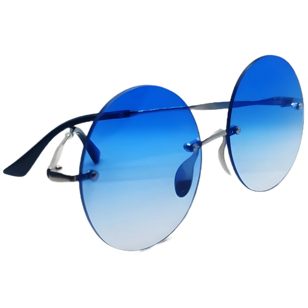 Rimless Shiny Chrome France Blue Luxury Class Round Sunglasses by MALUKKS - Unleash Timeless Elegance Girls - Free Size, France Blue