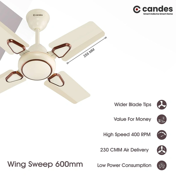 Candes Brio 858rpm 4 Blade Anti Dust Ceiling Fan, Sweep: 600 mm - Ivory