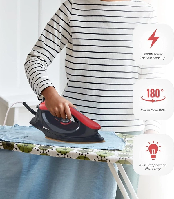 Candes El106 1000W Red & Black Non Stick Teflon Coating Dry Iron - Red/Black