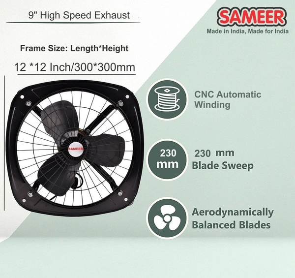 Sameer 230mm High Speed 3 Blade Black Exhaust Fan, Speed: 1350 rpm - 230mm