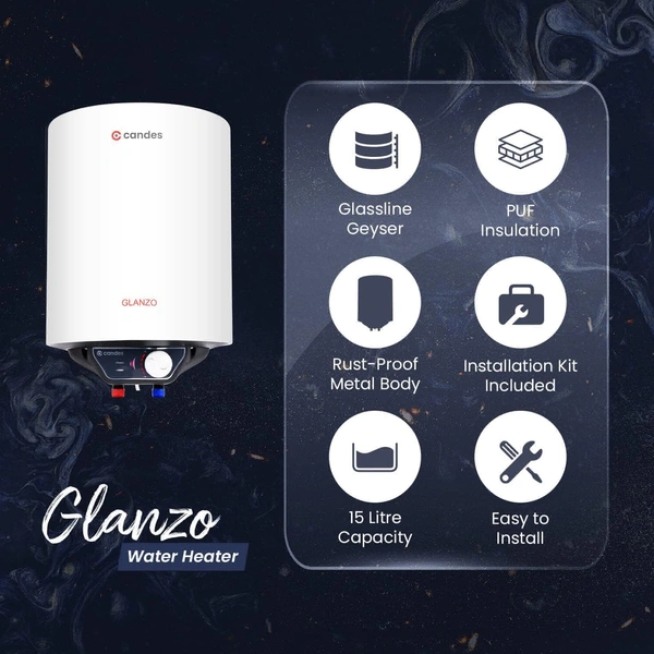 Candes Glanzo 2000W Metal White 5 Star Glass Line Automatic Storage Electric Water Heater - 25L