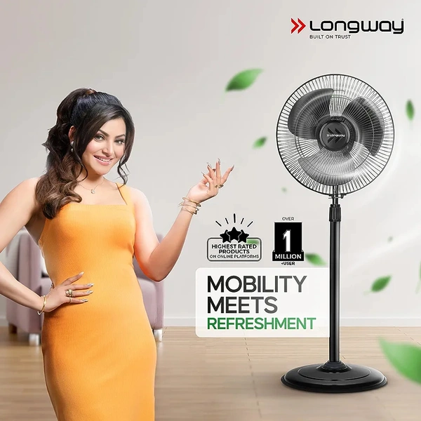 Longway Speedy 50W Black Heavy Duty High Speed 3 Blade Pedestal Fan, 3 Years warranty Sweep: 400 mm - Black, Speedy