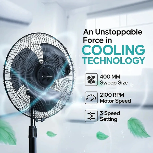 Longway Speedy 50W Black Heavy Duty High Speed 3 Blade Pedestal Fan, 3 Years warranty Sweep: 400 mm - Black, Speedy