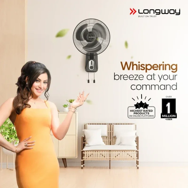 Longway Speedy 12 50W ABS Black Energy Saving 3 Blade Wall Fan, Sweep: 300 mm