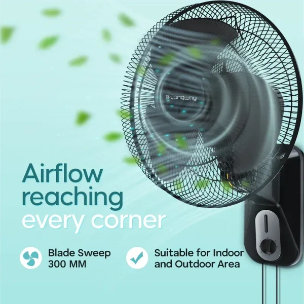 Longway Speedy 12 50W ABS Black Energy Saving 3 Blade Wall Fan, Sweep: 300 mm