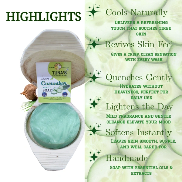 Tuna's® Tunas Cucumber Soap | Replenishes Moisture | Improves Skin Tone | Free From Animal Fats Like Tallow or Lard etc..100gm