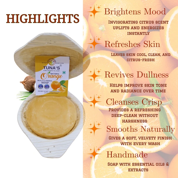 Tuna's® Tunas Orange Soap | Refreshes Dull Skin | Natural Glow | Free From Animal Fats Like Tallow or Lard etc..100gm