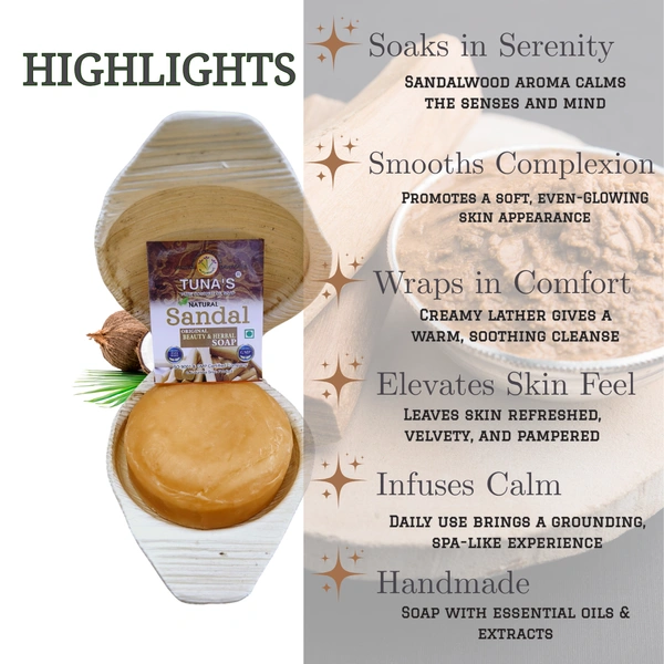 Tuna's® Tunas Sandal Soap | Brightens Skin | Smooth Texture | Free From Animal Fats Like Tallow or Lard etc..100gm
