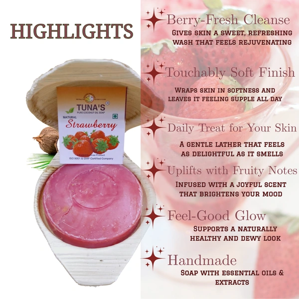 Tuna's® Tunas Strawberry Soap | Soft Glow | Soft & Supple | Free From Animal Fats Like Tallow or Lard etc..100gm