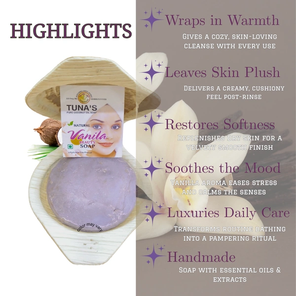 Tuna's® Tunas Vanilla Soap | Softens Skin | Silk Touch | Free From Animal Fats Like Tallow or Lard etc..100gm