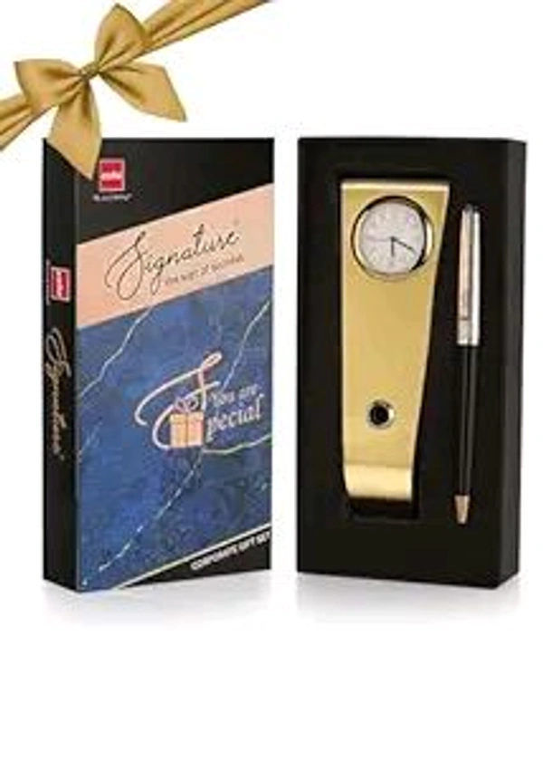 Cello Signature Corporate Gift Set | Blue Ink | 1 Ball Pen + 1 Golden Finish Table Clock with Pen Holder | Premium Metal Pen for Gift | Stylish Corporate & New Year Gifts for Men & Women - 2 count (Pack of 1)