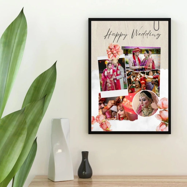 Happy Wedding Floral Collage Frame – Custom Wedding Photo Wall Art