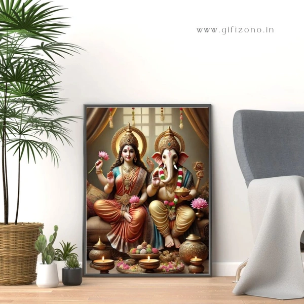 Goddess Lakshmi & Lord Ganesha Wall Art | Prosperity & Wisdom Divine Frame"