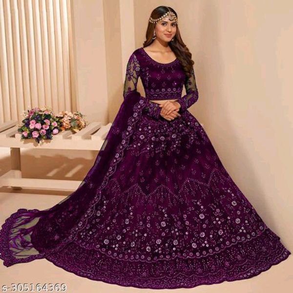 Women"s Soft Net Sequins Semi-stitched New Purple Lehenga Choli With Dupatta