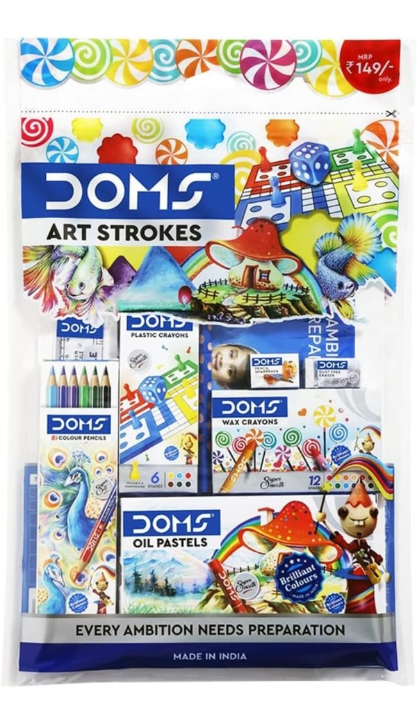 Doms Art Strokes Kit | Perfect Value Pack | Kit For Creative Minds | Gifting Range For Kids | Combination of 10 Stationery Items