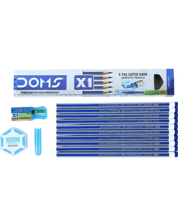 Doms  DOMS X1 Xtra Super Dark Pencils Box Pack | Hexagonal Shape For Easy Holding & Comfort | Free Eraser, Scale & Pencil Cap Inside | Dark & Neat Handwriting | Pack of 10 Pencils