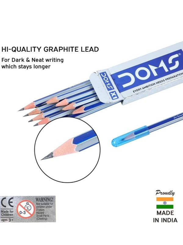 Doms  DOMS X1 Xtra Super Dark Pencils Box Pack | Hexagonal Shape For Easy Holding & Comfort | Free Eraser, Scale & Pencil Cap Inside | Dark & Neat Handwriting | Pack of 10 Pencils