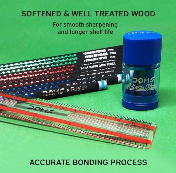 Doms Fusion Xtra Super Dark Pencil Box Pack | Dark & Neat Writing Which Stays Longer | Smooth Sharpning & With Soft & Comfortable Grip | Free Scale & Erasner Inside