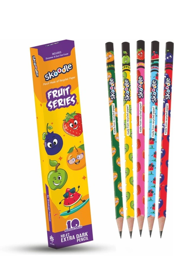 Skoodle  SKOODLE Fruit Series Paper Pencils, Super Dark Pencils, 100% Recycled Pencil, Non-Toxic, Set of 10 pencils, 1 sharper and 1 dust-free Eraser, gift for kids