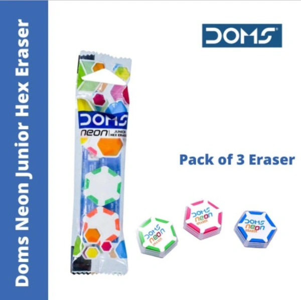 Doms Neon Junior Hex Eraser 3 Pieces In 1 Pack 