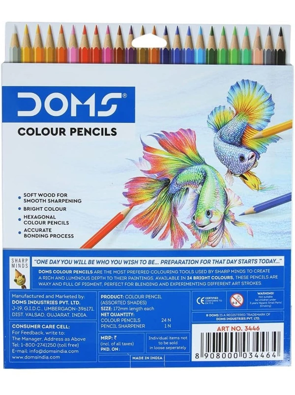 Doms  DOMS 24 Shades Color Pencils|Hexagonal Shaped Body For Comfortable Grip|Bright&Playful Colors|Free Sharpner With Each Pack|Non-Toxic&Safe For Childrens|Pack Of 1|Multicolor